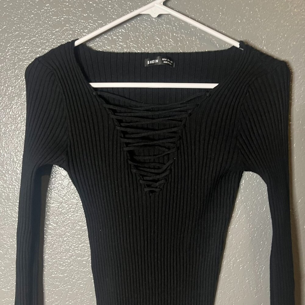 SHEIN Black Criss-Cross Long Sleeve Top - Size Medium